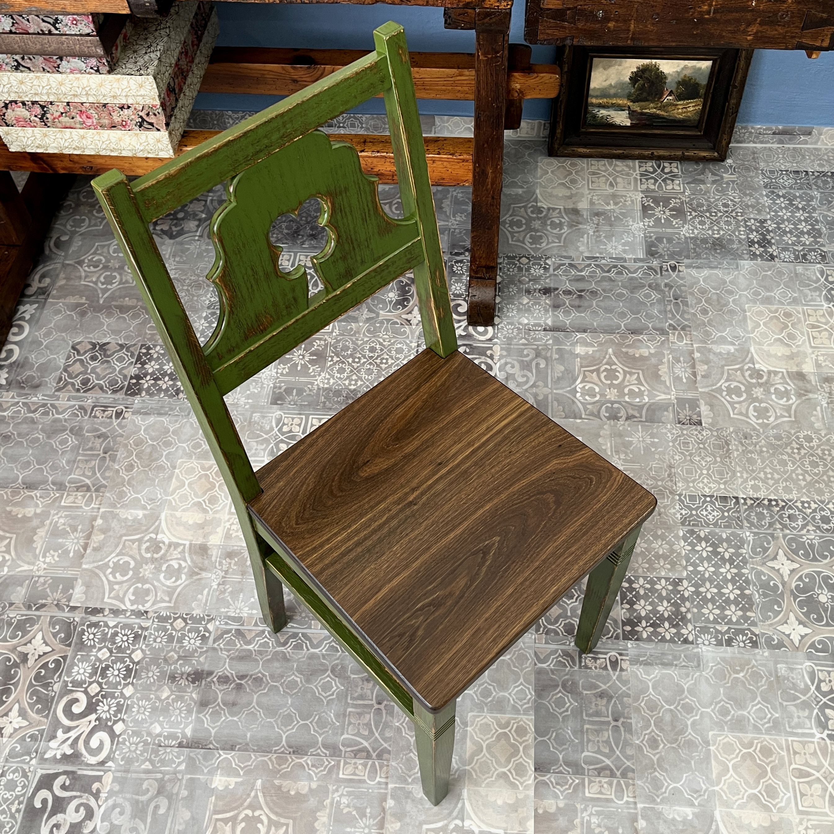 Stuhl Holz braun geräucherte Eiche antik Maßanfertigung Stil grün