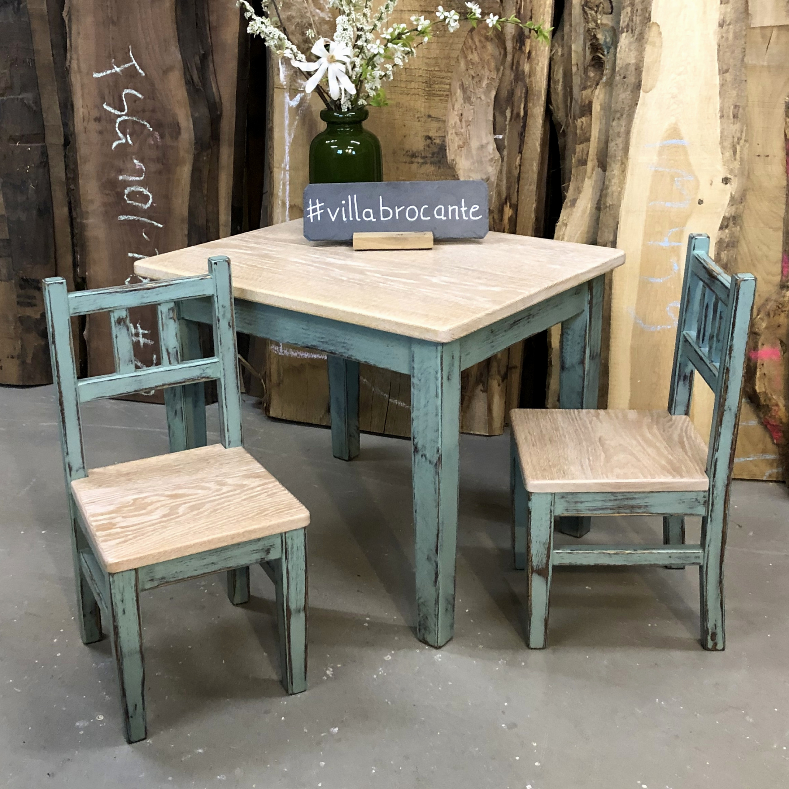 Kindertisch Set mit Stuhl antik weiß mint Vintage Massivholz Eiche