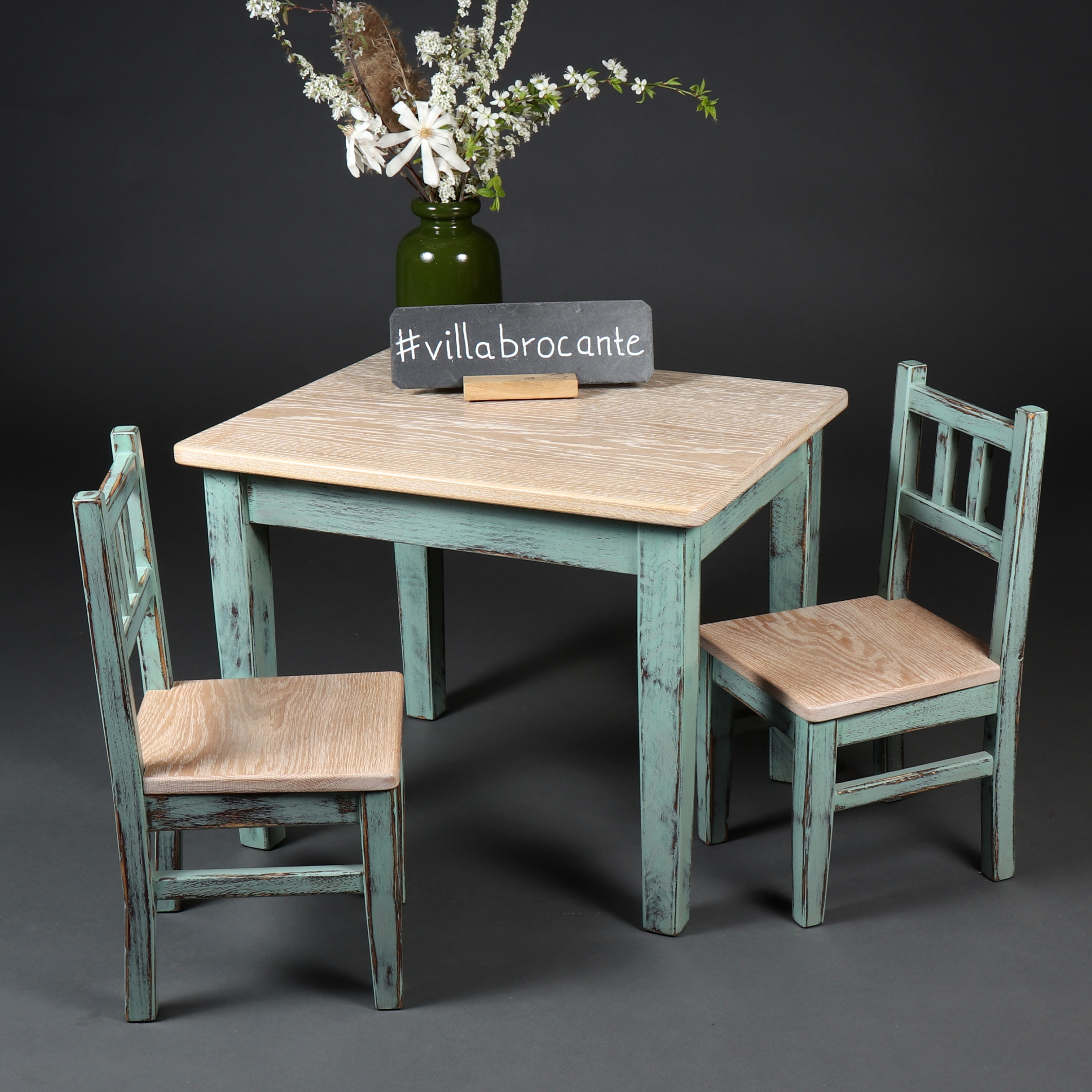 Kindertisch mit Stuhl Eiche Massivholz Designer Mit Vintage Weiß