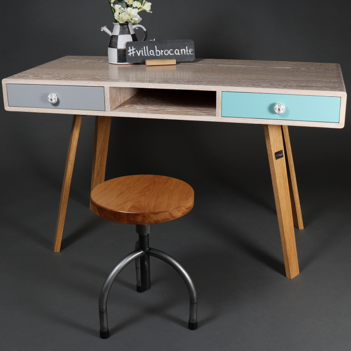 Schreibtisch Eichenholz massiv Stil Unikat retro weiß Hocker Möbel