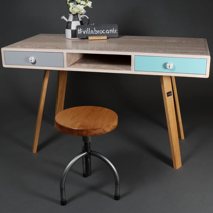 Schreibtisch Eichenholz massiv Stil Unikat retro weiß Hocker Möbel
